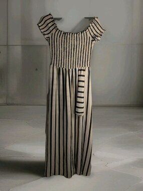 J For Justify Blue, Gold And White Striped Off The Shoulder Jumpsuit Sz. Large